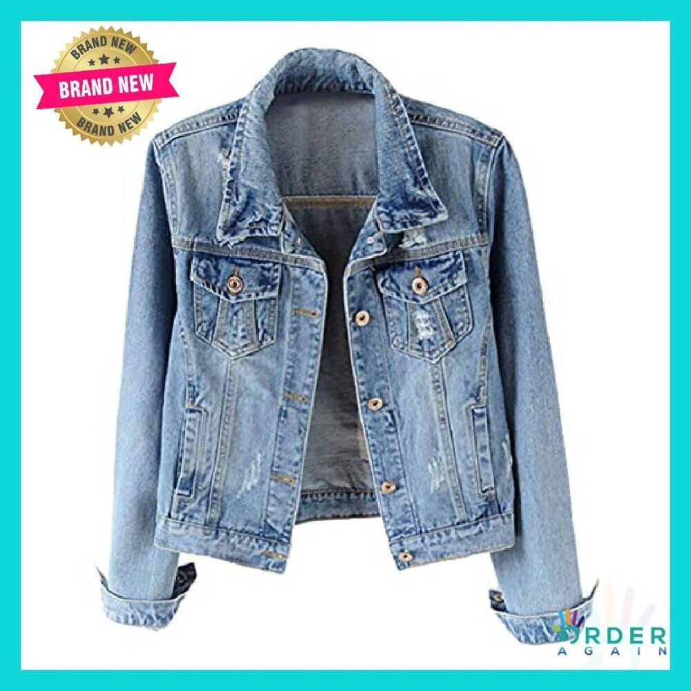 Distressed Ripped Denim Jacket Classic Vintage Trucker Fit Long Sleeve - Picture 2 of 8